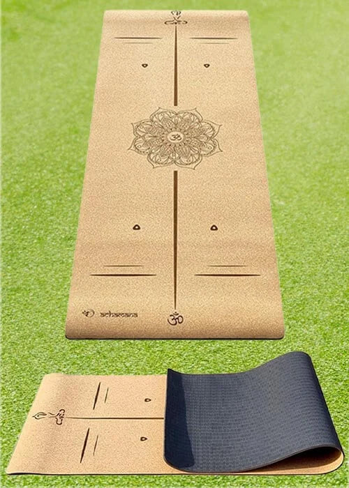 Tapis yoga épais 6 mm surface liège  pour yoga et Pilates - Tapis yoga mandala lignes de position | Achamana