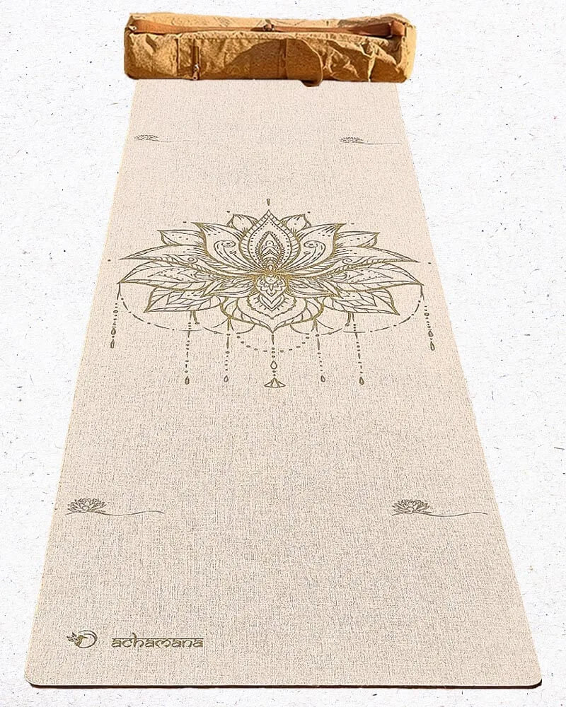 Tapis yoga naturel latex et caoutchouc fleur de lotus + sac de yoga liège | Achamana