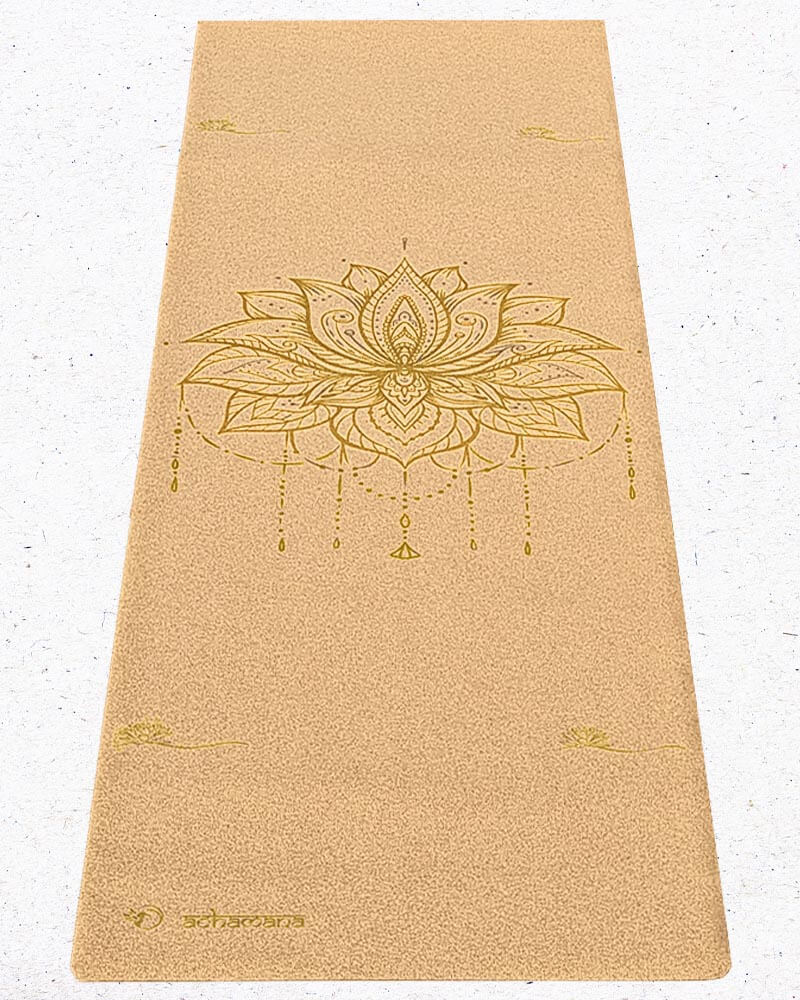 Tapis de yoga de vpyage liège et caoutchouc naturel Fleur d e lotus Or | Achamana