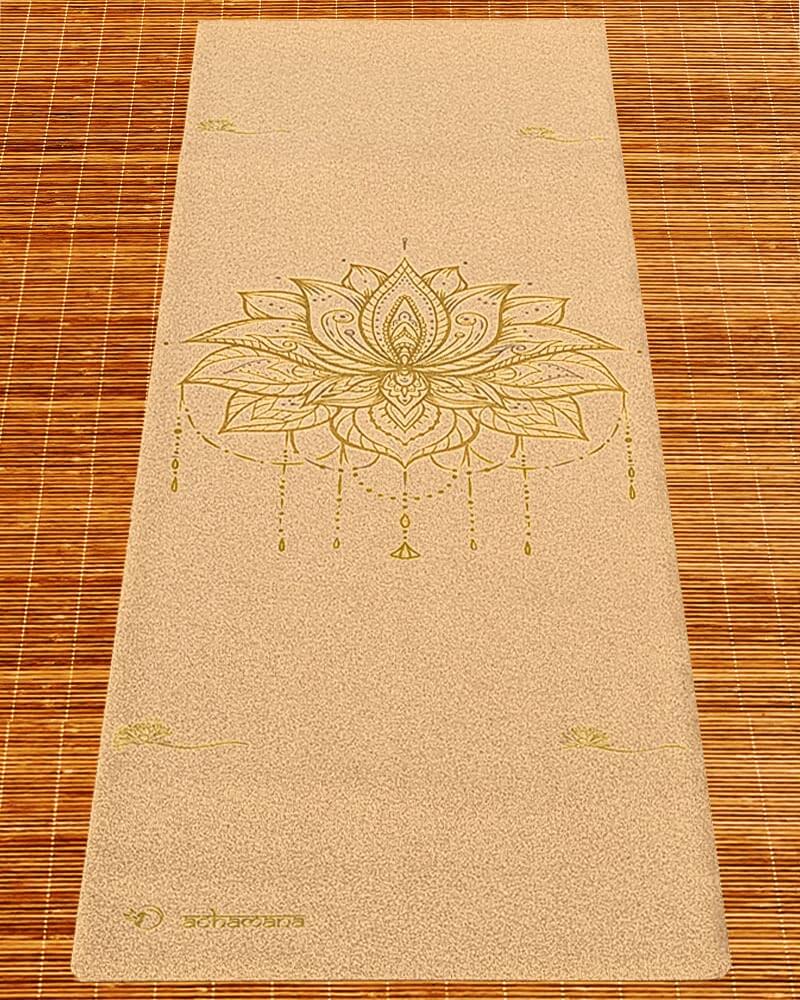 Yoga Lyon boutique - Tapis de yoga de voyage liège caoutchouc naturel design fleur de lotus or | Achamana