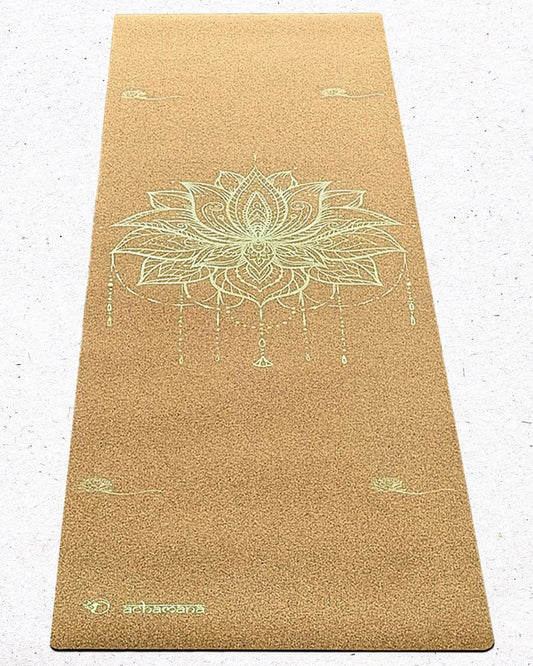 Tapis yoga liege et caoutchouc naturel - motif Body line et fleur de lotus impression Or | Achamana