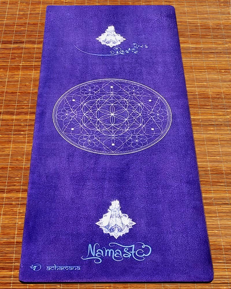 Yoga débutant - Tapis de yoga antidérapant violet - motif fleur de vie Namasté | Achamana