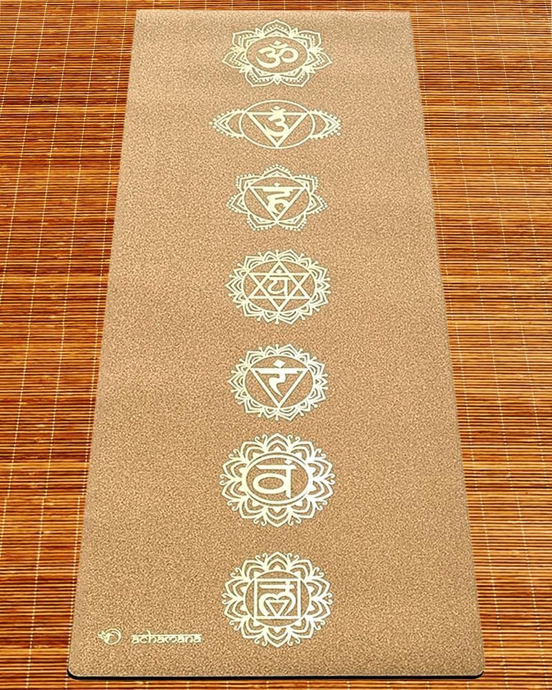 Tapis de yoga antidérapant en liege et caoutchouc naturel 7 chakras Or | Achamana