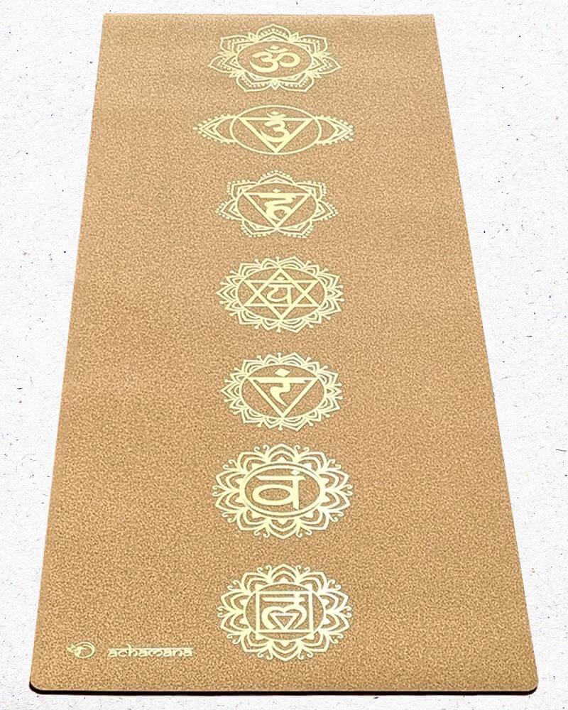 Tapis de yoga liège et caoutchouc naturel 5 mm - Design 7 chakras imprimés Or | Achamana