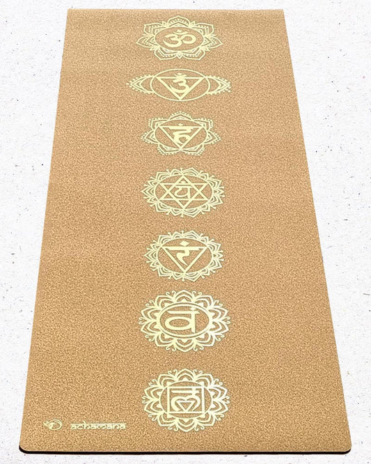 Tapis de yoga liège et caoutchouc naturel 5 mm - Design 7 chakras imprimés Or | Achamana