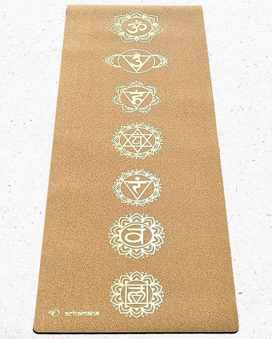 Tapis yoga liege antidérapant - motifs 7 chakras impression Or | Achamana