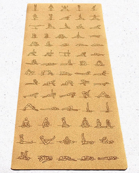 Tapis yoga liege épais antidérapant - motifs postures de yoga  | Achamana