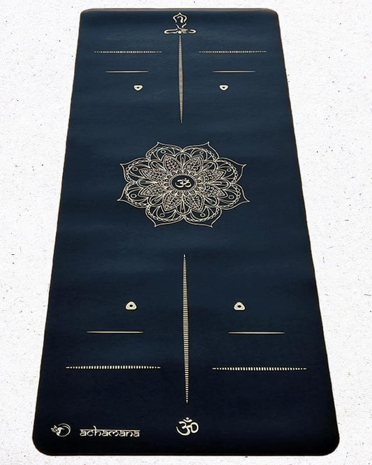 Tapis de yoga pro caoutchouc naturel -Design mandala lignes position impression or | Achamana