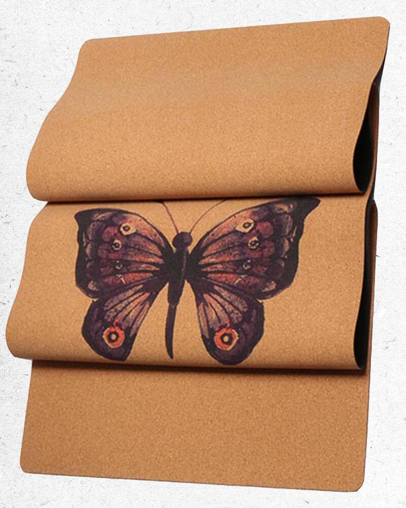 Tapis yoga eco terre - liege et caoutchouc naturel - motif papillon | Achamana 