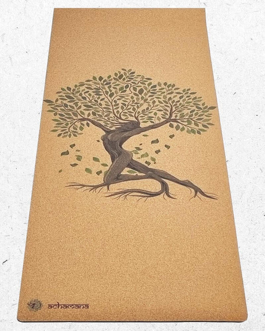 Tapis de yoga liège et caoutchouc naturel grand format - motif Arbre de vie artistique | Achamana