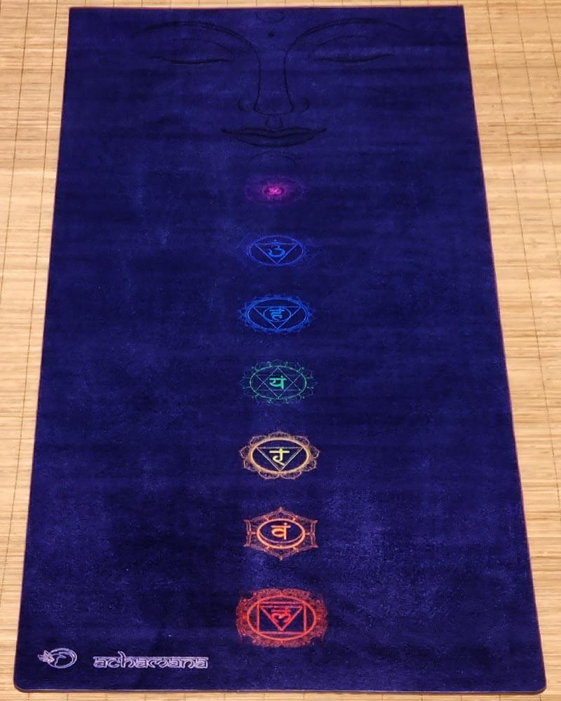 Tapis yoga ecologique 3 plis thermocollées - design Bouddha spirit, 7 chakras | Achamana