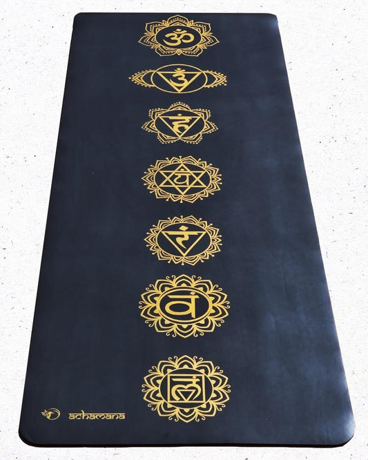 Tapis de yoga pro écologique, pour yoga dynamique - 7 chakras impression or | Achamana