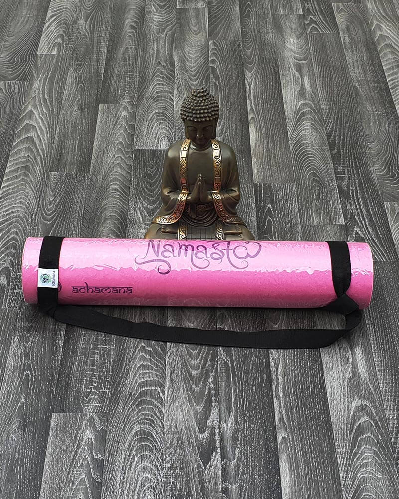 Tapis yoga ecologique rose Namasté avec sangle de transport - Achamana